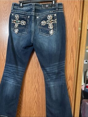 Miss Me Dark Blue Bootcut Jeans with Embroidered Cross Pockets